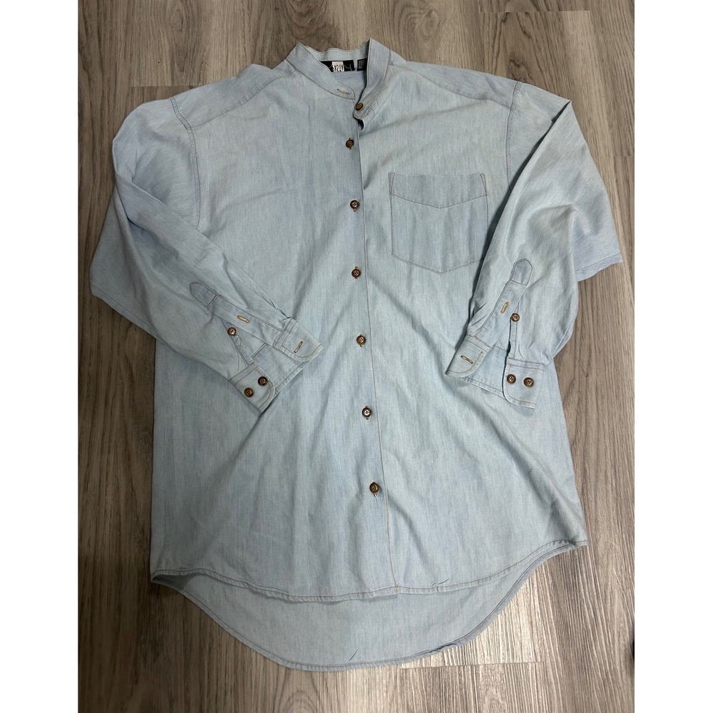 Vintage PASTA Distressed Light Wash Denim‎ Collar Button Down Shirt Womens M